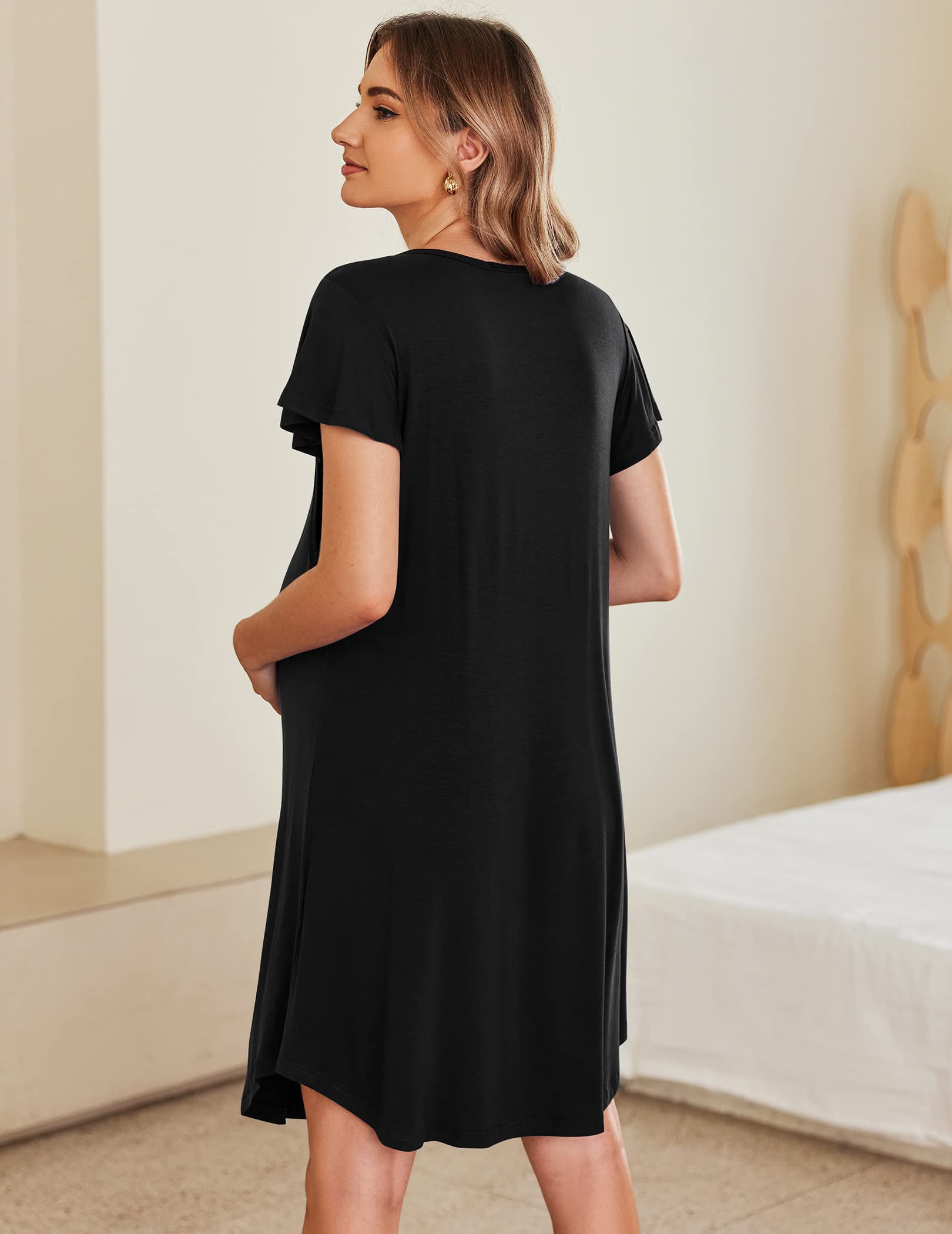 Ekouaer Nursing Nightown Labor and Delivery Gown for Hospital Pleated Breastfeeding Dress for Women Short Sleeve Maternity Sleepwear Black M