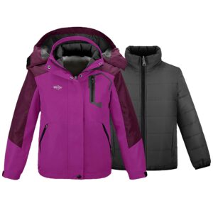 wantdo Big Girl's 3 in 1 Ski Jacket Snow Warm Winter Coat Waterproof Interchange Coat Purple 10-12