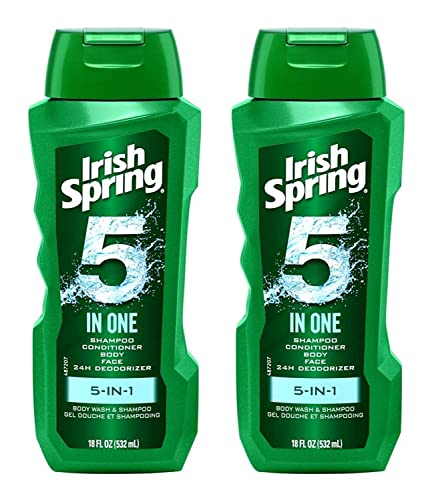 Irish Spring 5-in-1 Shampoo, Conditioner, Body Wash, Face Wash and Deodorizer, 18 oz (Pack of 2)