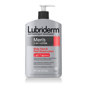 lubriderm men's 3-in-1 lotion enriched with soothing aloe for body and face, non-greasy post shave moisturizer with light fragrance, 16 fl. oz