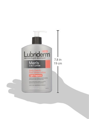 Lubriderm Men's 3-In-1 Lotion Enriched with Soothing Aloe for Body and Face, Non-Greasy Post Shave Moisturizer with Light Fragrance, 16 fl. oz