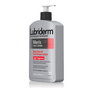 Lubriderm Men's 3-In-1 Lotion Enriched with Soothing Aloe for Body and Face, Non-Greasy Post Shave Moisturizer with Light Fragrance, 16 fl. oz