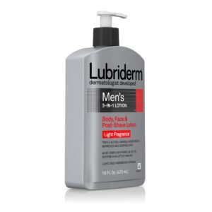 Lubriderm Men's 3-In-1 Lotion Enriched with Soothing Aloe for Body and Face, Non-Greasy Post Shave Moisturizer with Light Fragrance, 16 fl. oz