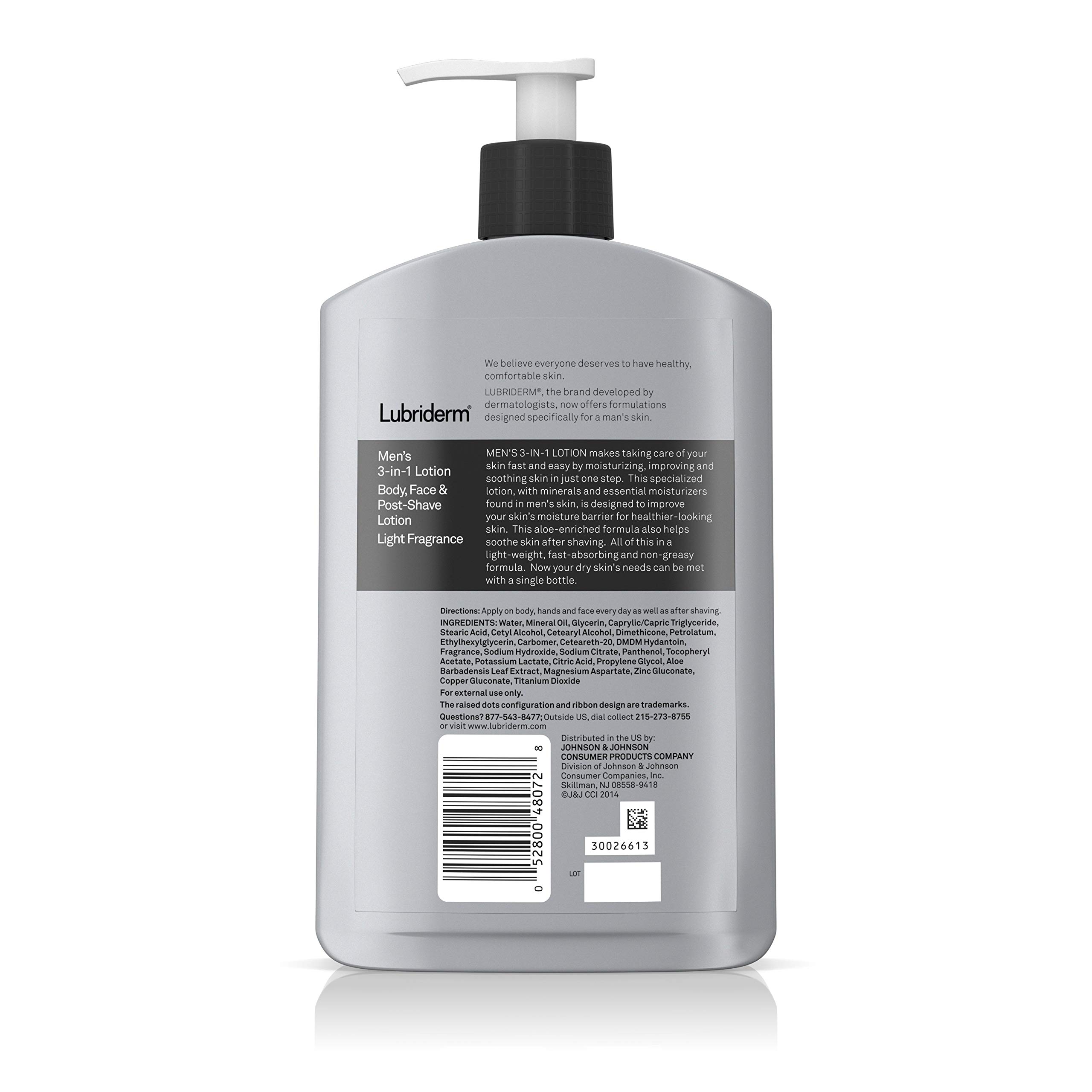 Lubriderm Men's 3-In-1 Lotion Enriched with Soothing Aloe for Body and Face, Non-Greasy Post Shave Moisturizer with Light Fragrance, 16 fl. oz