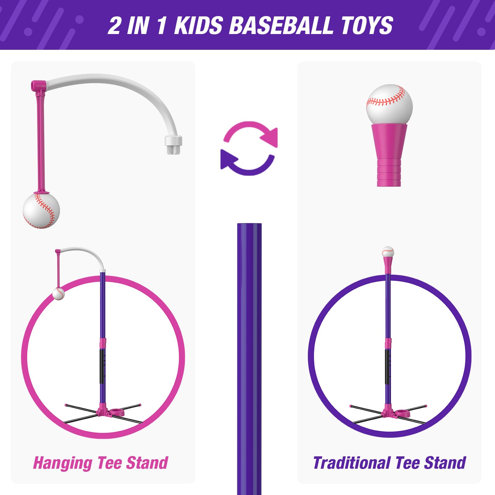 HYES Baseball Set - 3 Ways to Play, Adjustable Height, Easy to Assemble, Safe & Sturdy, Ideal Sport Gift for Kids