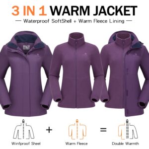 CAMELSPORTS Womens Ski Jackets Waterproof Fleece Snow Coat 3 in 1 Snowboarding Jackets Winter Warm Windbreaker Raincoat Outdoor