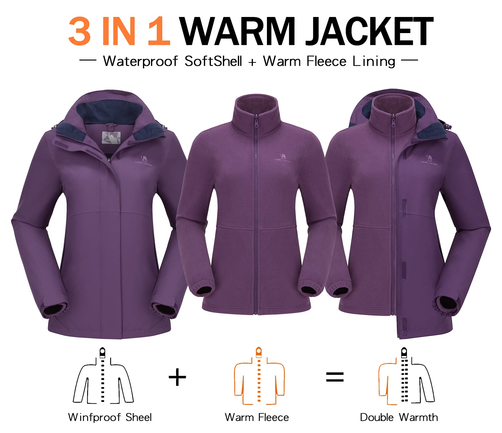 CAMELSPORTS Womens Ski Jackets Waterproof Fleece Snow Coat 3 in 1 Snowboarding Jackets Winter Warm Windbreaker Raincoat Outdoor