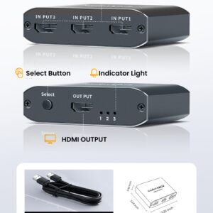 HDMI Switch 3 in 1 Out 4K@60Hz Aluminum Alloy【with 4FT HDMI 2.0 Cable】, avedio links 3x1 HDMI Multi Port Switch, 3 Way HDMI Selector Switcher Support HDCP 2.2, HDR 10, for Fire TV Stick, PS5