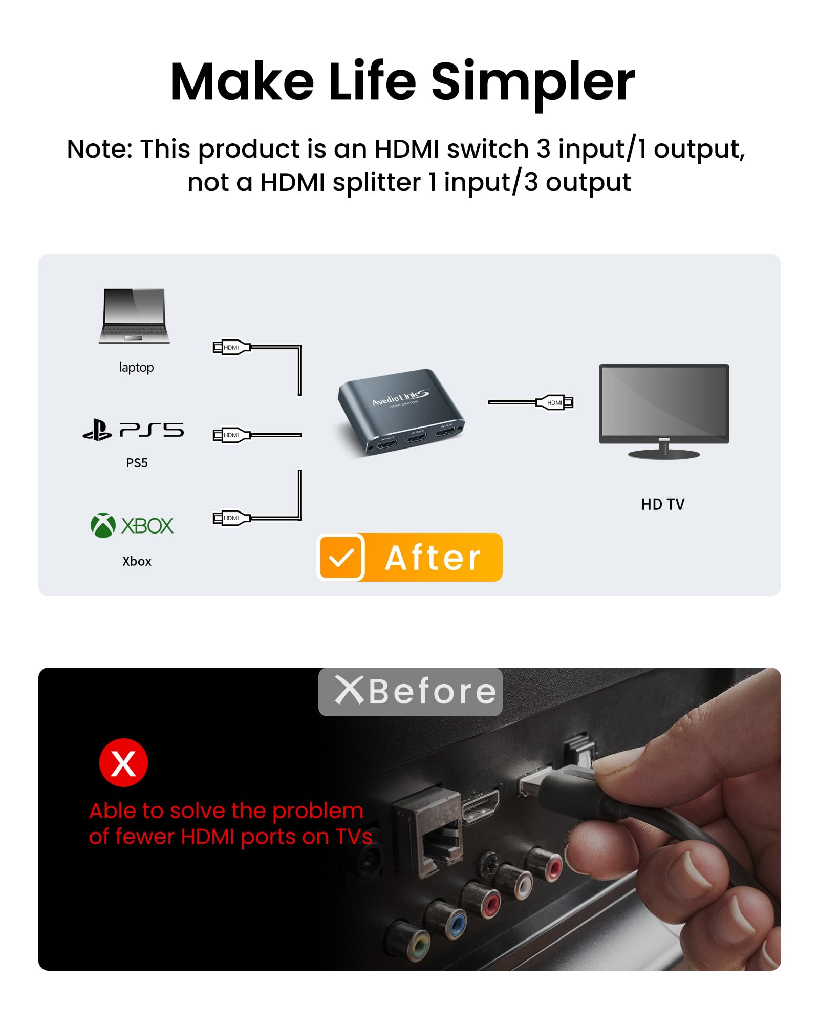 HDMI Switch 3 in 1 Out 4K@60Hz Aluminum Alloy【with 4FT HDMI 2.0 Cable】, avedio links 3x1 HDMI Multi Port Switch, 3 Way HDMI Selector Switcher Support HDCP 2.2, HDR 10, for Fire TV Stick, PS5