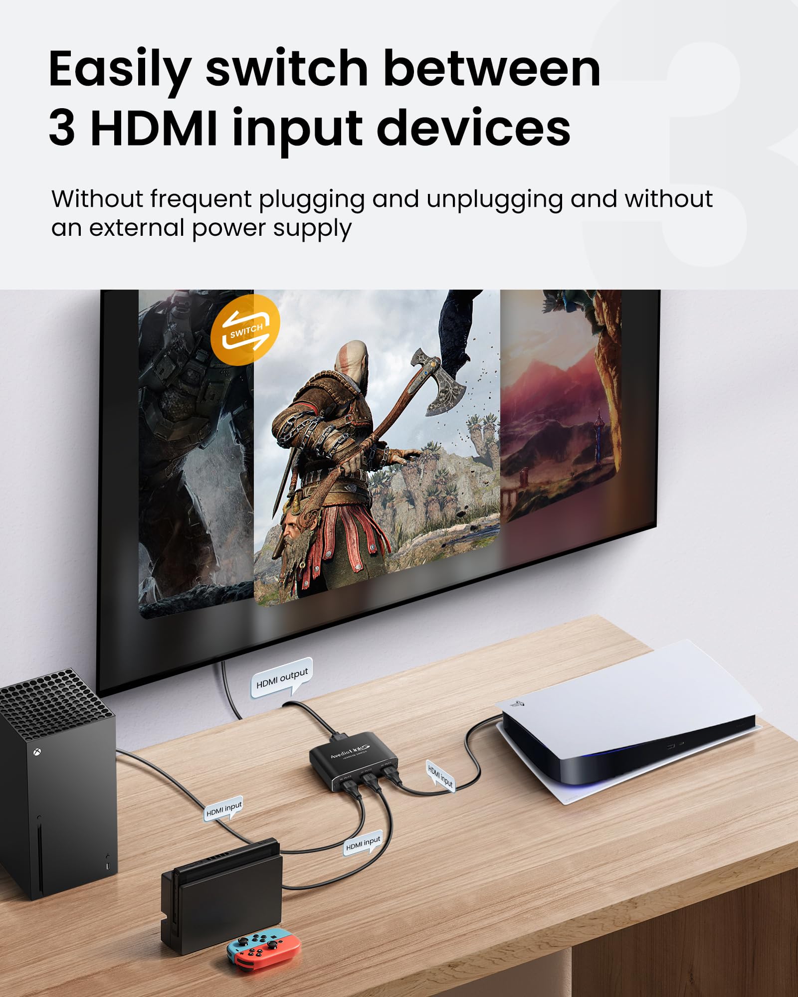 HDMI Switch 3 in 1 Out 4K@60Hz Aluminum Alloy【with 4FT HDMI 2.0 Cable】, avedio links 3x1 HDMI Multi Port Switch, 3 Way HDMI Selector Switcher Support HDCP 2.2, HDR 10, for Fire TV Stick, PS5