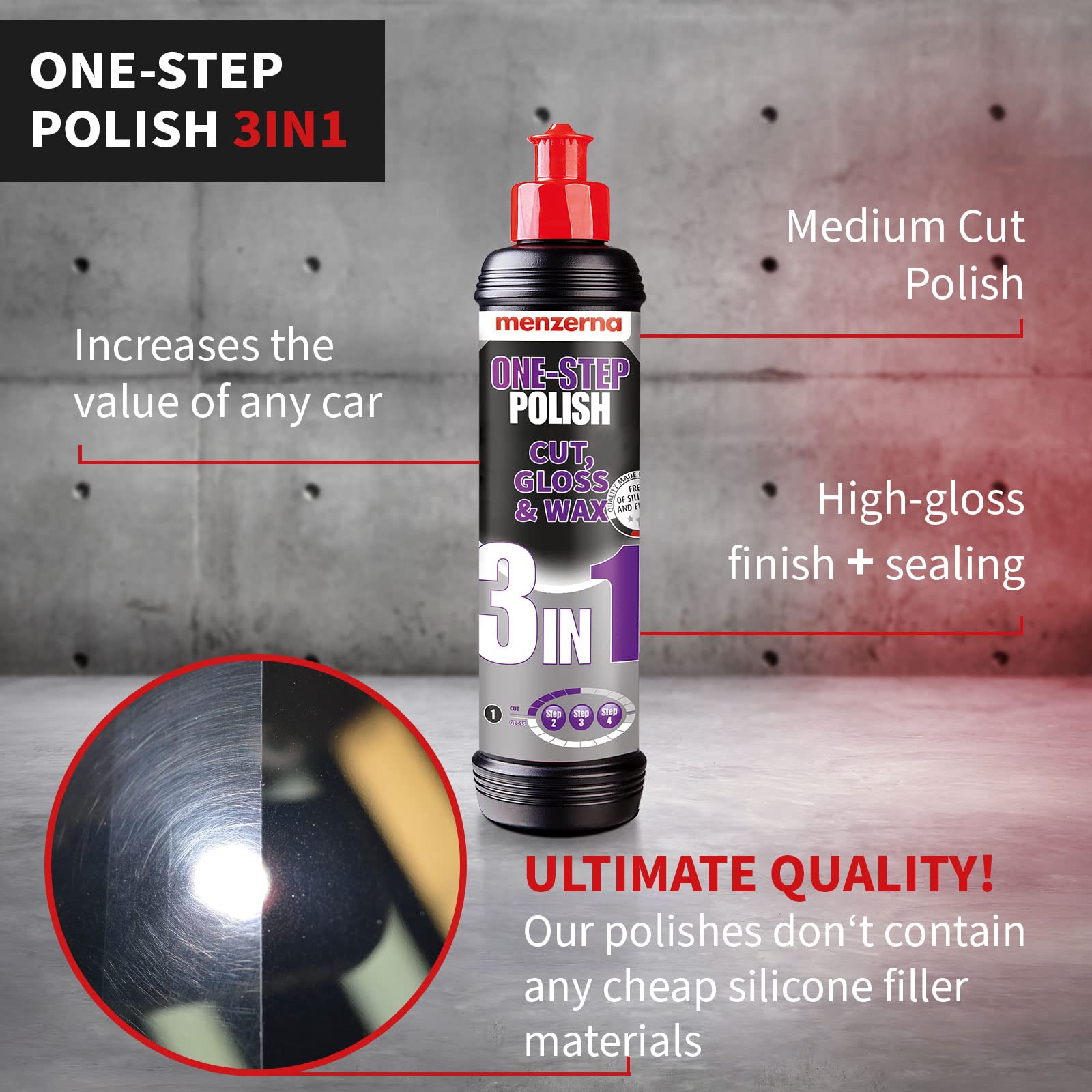 menzerna "One-Step Polish 3in1" I Medium Cut Polish with High Gloss Finish & Seal in One I Buffing & Polishing Compound for Car Maintenance I Swirls, Holograms & Scratches I Car Body Repair I 8 fl oz.