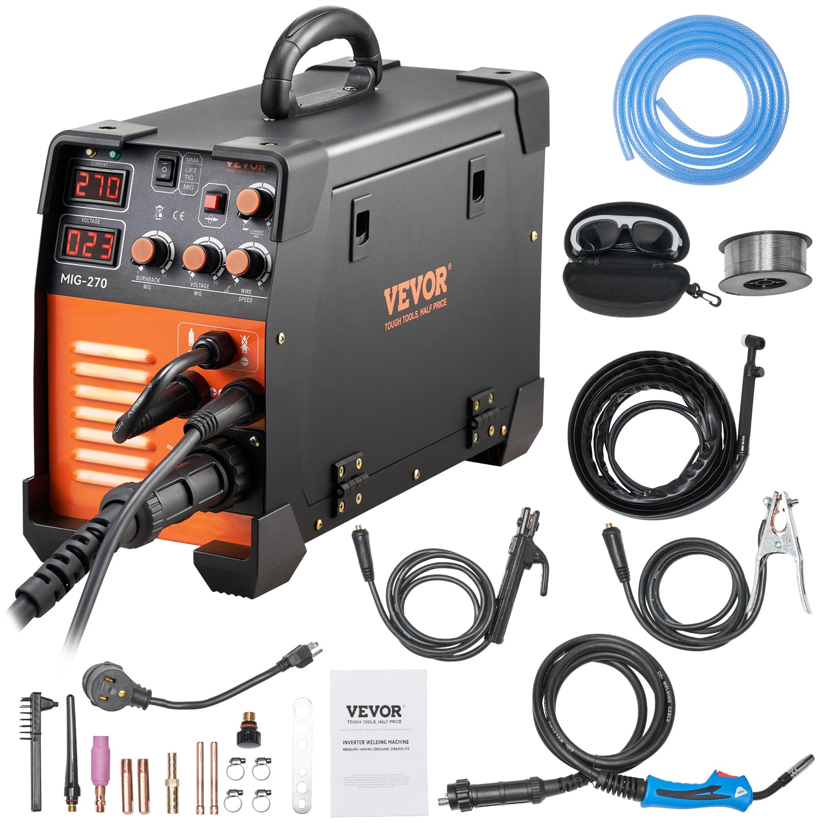 VEVOR MIG Welder, 3 in 1 270 Amp Welding Machine, 110 220V MIG TIG Arc Welder, Portable TIG Welder Lift ARC Welder with IGBT DC Inverter, LCD Digital Display, Welder Torch and Welding Wire