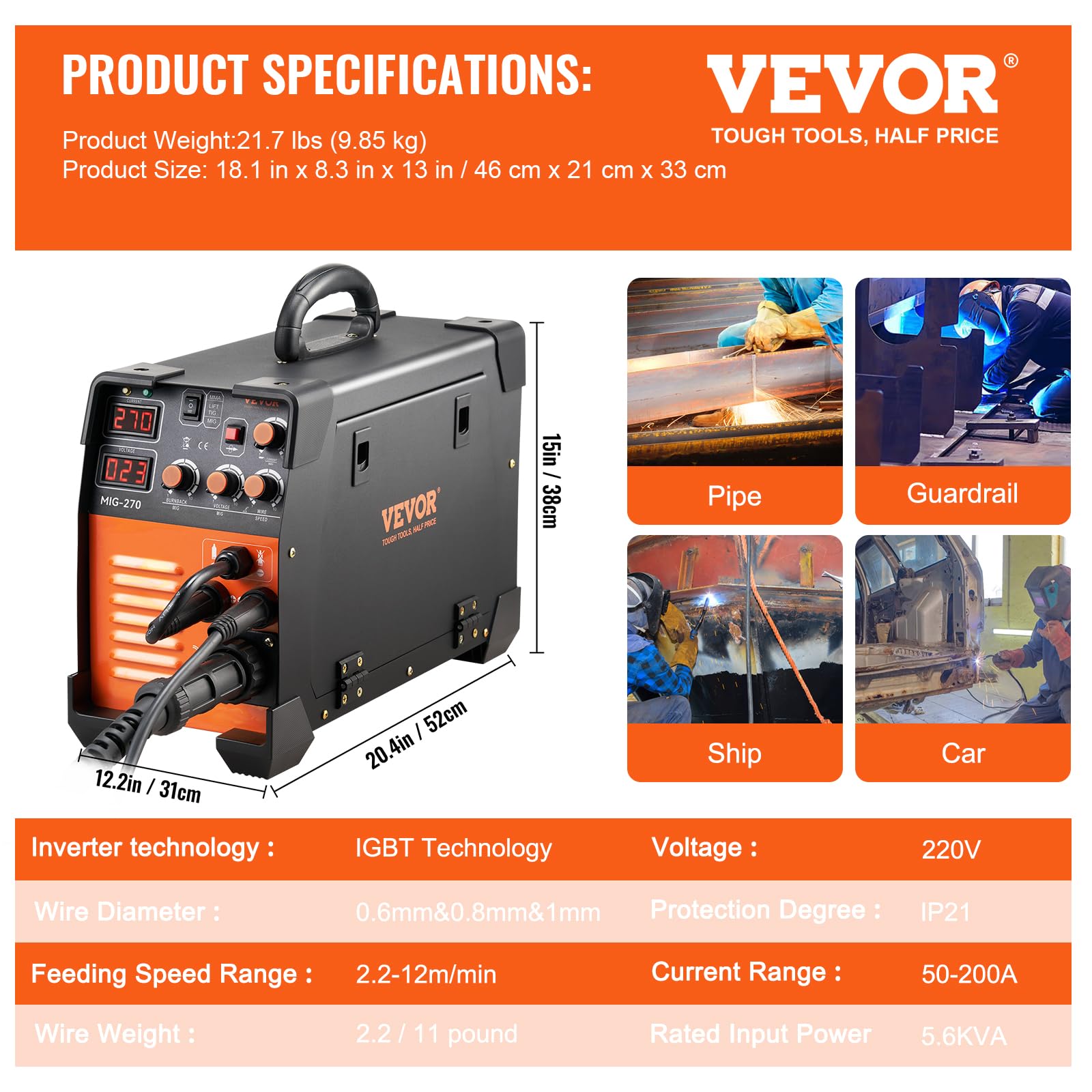 VEVOR MIG Welder, 3 in 1 270 Amp Welding Machine, 110 220V MIG TIG Arc Welder, Portable TIG Welder Lift ARC Welder with IGBT DC Inverter, LCD Digital Display, Welder Torch and Welding Wire