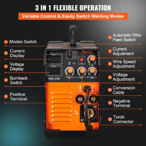 VEVOR MIG Welder, 3 in 1 270 Amp Welding Machine, 110 220V MIG TIG Arc Welder, Portable TIG Welder Lift ARC Welder with IGBT DC Inverter, LCD Digital Display, Welder Torch and Welding Wire