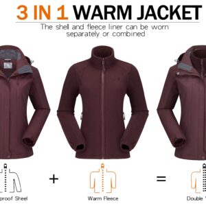 CAMEL CROWN Women's Ski Jacket Waterproof 3 in 1 Winter Jacket Windproof Warm Fleece Hooded Snowboard Mountain Snow Coat