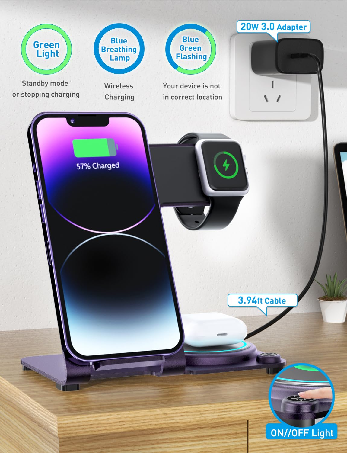 3 in 1 Charging Station Apple Purple - Mlfsaier 𝐀𝐥𝐮𝐦𝐢𝐧𝐮𝐦 𝐀𝐥𝐥𝐨𝐲 Multiple Fast Wireless Charger Stand for Apple Watch & Airpods iPhone 15 14 13 12 11 Pro X Max XS XR 8 7 Plus Nightstand