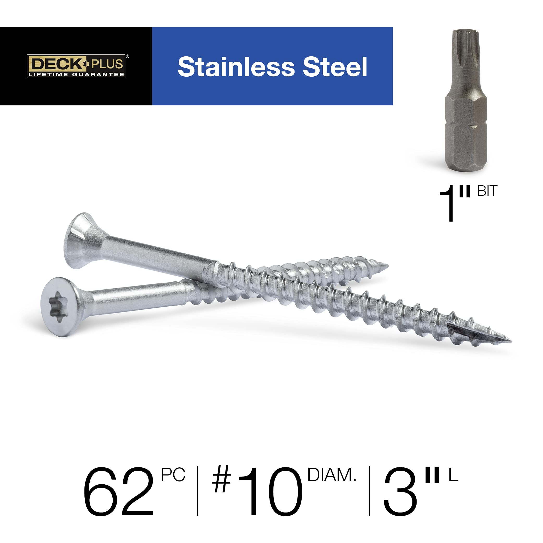 Deck Plus 48466 Wood Screws #10 x 3", Stainless Steel, 1lb Box