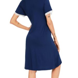 SWOMOG Women 3 in 1 Delivery/Labor/Nursing Nightgown Short Sleeve Pleated Maternity Sleepwear for Breastfeeding Navy Blue