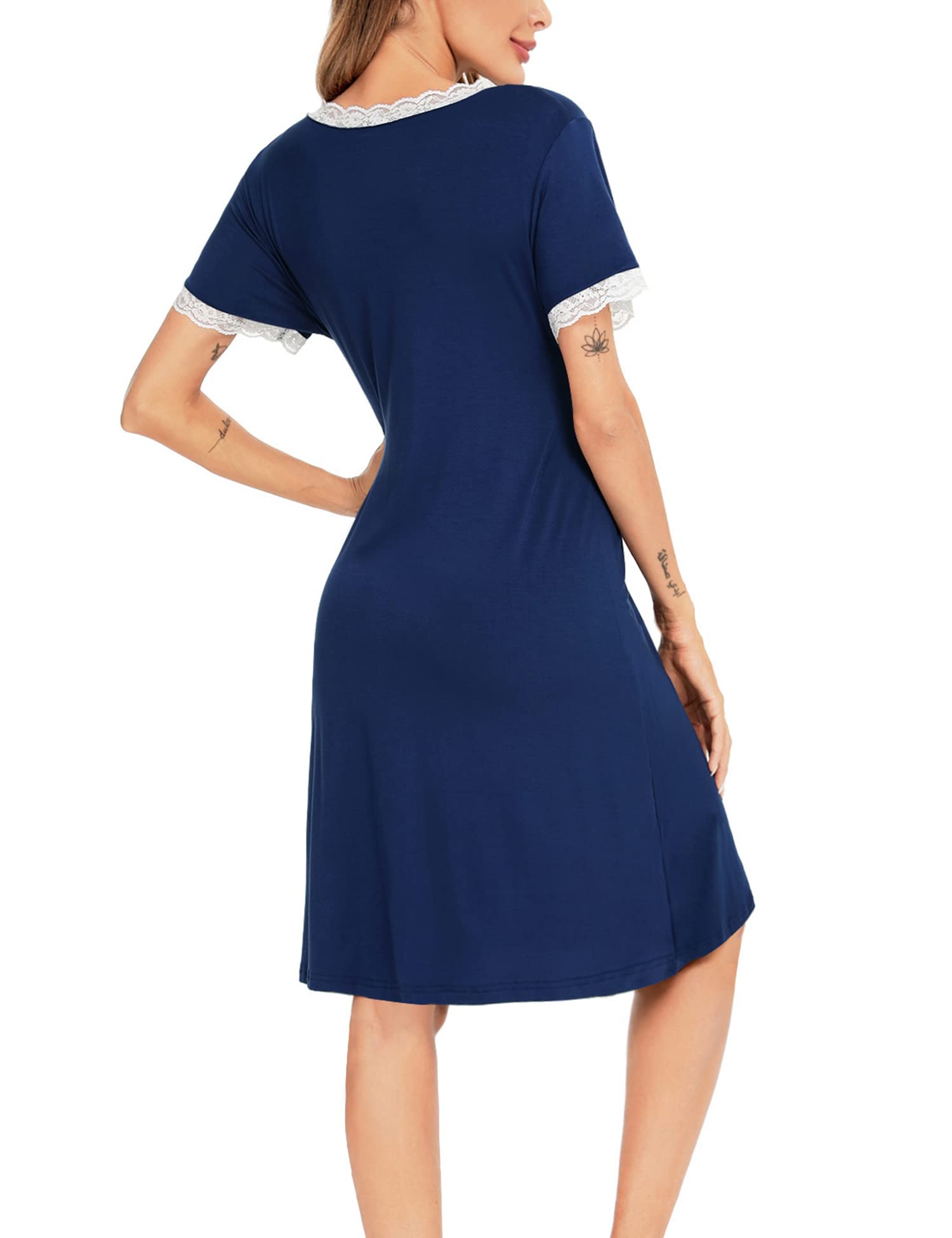 SWOMOG Women 3 in 1 Delivery/Labor/Nursing Nightgown Short Sleeve Pleated Maternity Sleepwear for Breastfeeding Navy Blue