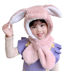 Kid Animal Hooded Scarf Girl Winter Trapper Hat with Earflap 3 in 1 Cute Bear Rabbit Beanie Children Plush Pocket Glove Set