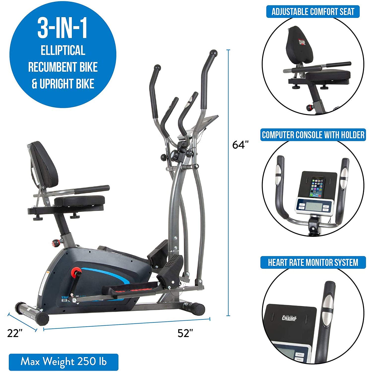 Body Champ 3-in-1 Exercise Machine, Trio Trainer, Elliptical and Upright Recumbent Bike