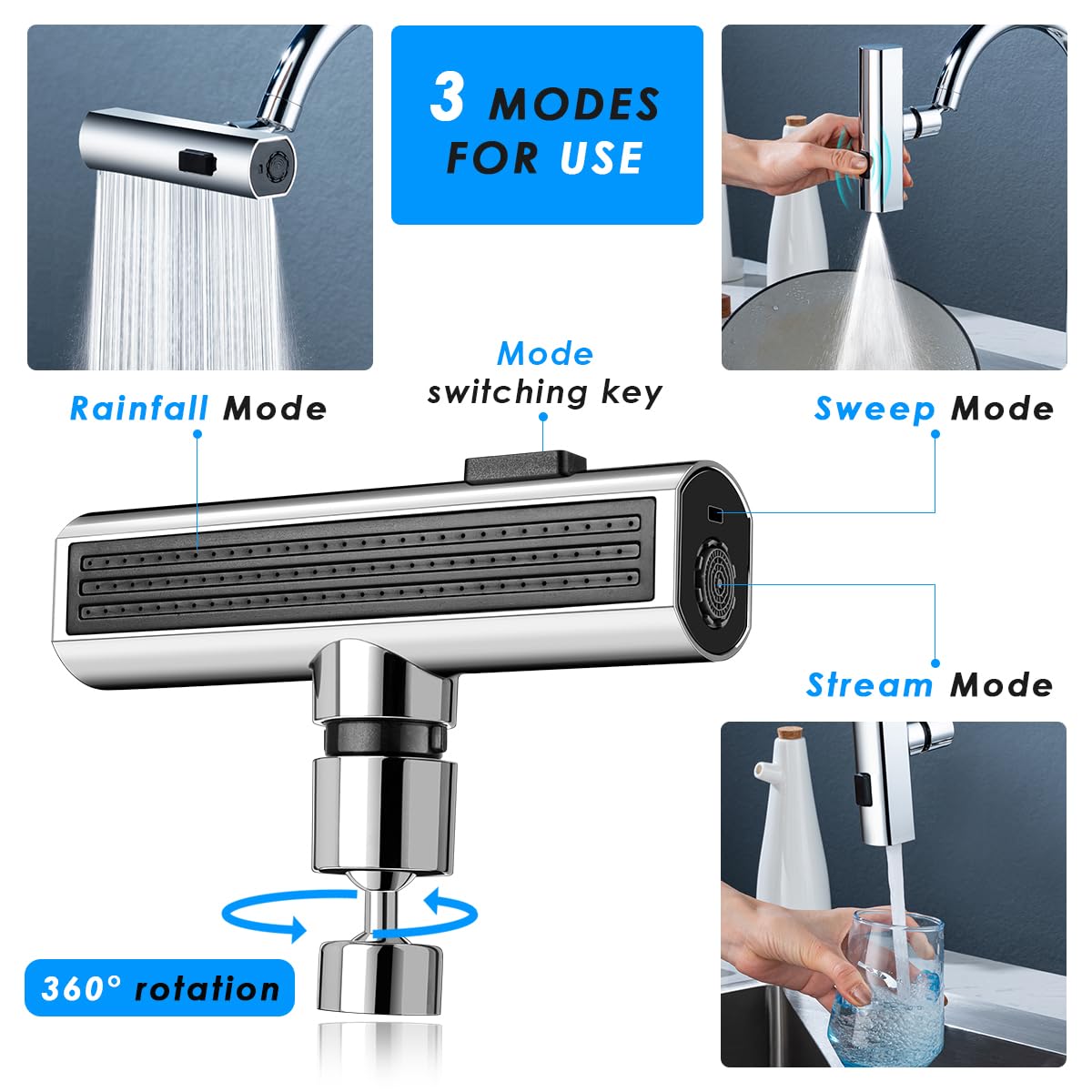 Suteng Waterfall Kitchen Faucet, Touch Kitchen Faucet, 3 in 1 360° Kitchen Faucet Head Replacement,Splash-Proof Kitchen Sink Faucet Suitable for Washing Fruits and Vegetables,Silver