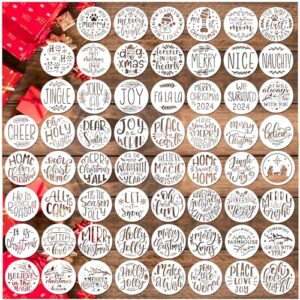 small christmas stencils for painting on wood reusable - 3 inches round holiday xmas drawing ornaments stencil templates for diy crafts tier tray wood décor (60pcs words 3in round-1)