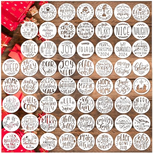 Small Christmas Stencils for Painting on Wood Reusable - 3 Inches Round Holiday Xmas Drawing Ornaments Stencil Templates for DIY Crafts Tier Tray Wood Décor (60pcs words 3in round-1)