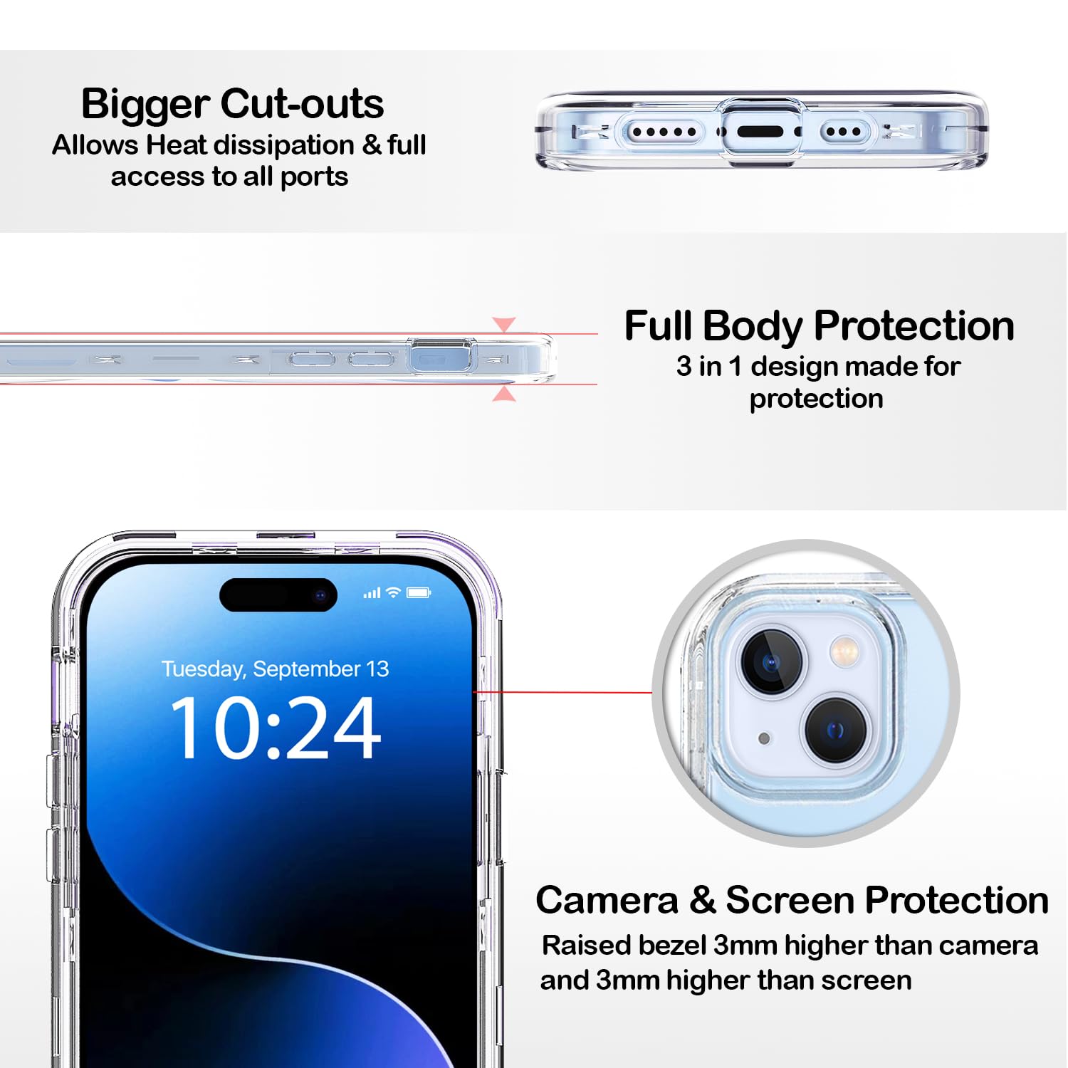 Coolwee Full Body Protective Hybrid 3 in 1 Rugged for Apple iPhone 15 Plus, 6.7 inch, Heavy Duty Shockproof Women Men Military Grade Protection Crystal Clear, Transparent
