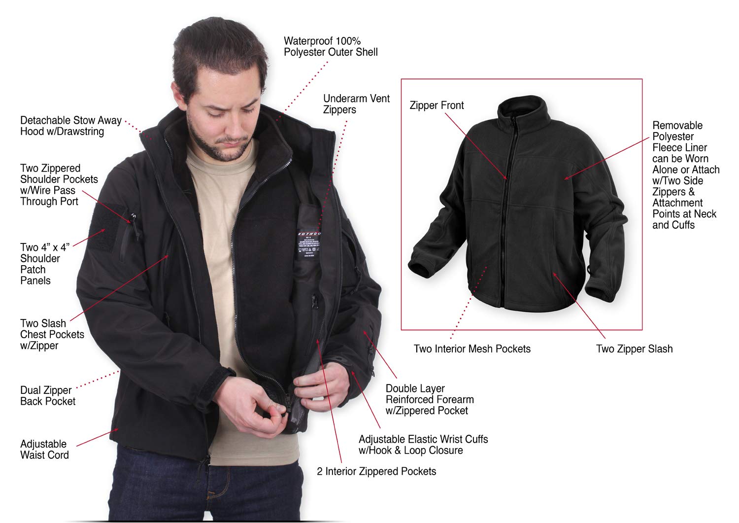 Rothco 3-in-1 Spec Ops Soft Shell Jacket - Ultimate Weather Defense with Removable Fleece Liner - Black - M