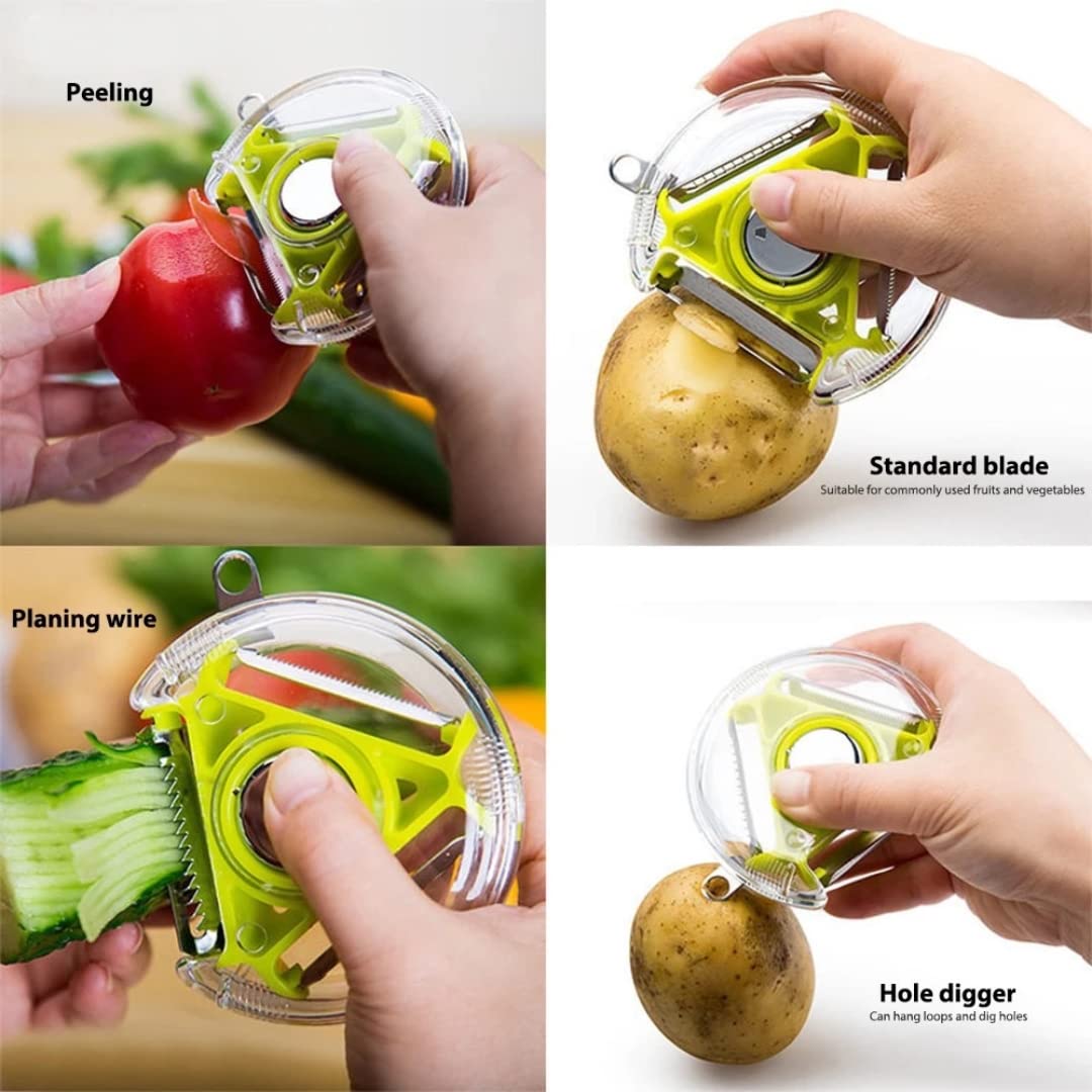 Apple Peeler “3 in 1” Multi-Functional Blades with a Button to Easy Switch | Non Slip Handle | Stainless Steel Kitchen Peeler for Fruits & Vegetables