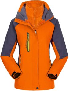 amxiway women's mountain waterproof windproof fleece 3 in 1 jacket ski hooded rain coat(orange,l)