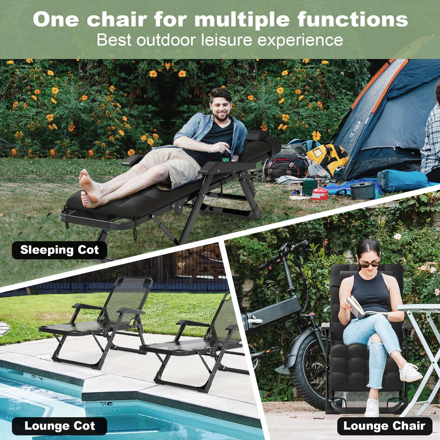 Slendor 3 in 1 Oversized Folding Camping Cot 26in, 6+10 Positions Adjustable Patio Chaise Lounge Chair L, Sleeping Cots for Adults, Portable Cot Bed Lawn Recliner for Bedroom, Pool, Beach, Black