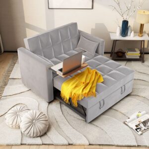 wirrytor 3 in 1 Multi-Functional Convertible Sleeper Sofa Bed, Modern Loveseat Sofa Couch Velvet Pull Out Bed with Reclining Adjustable Backrest &Hidden Table for Apartment Living Room Bedroom,Grey