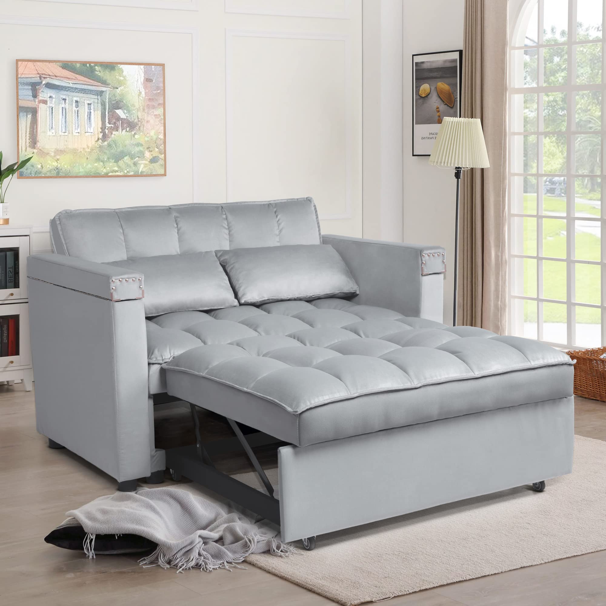 wirrytor 3 in 1 Multi-Functional Convertible Sleeper Sofa Bed, Modern Loveseat Sofa Couch Velvet Pull Out Bed with Reclining Adjustable Backrest &Hidden Table for Apartment Living Room Bedroom,Grey