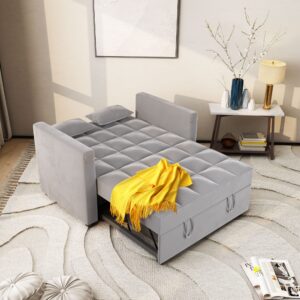 wirrytor 3 in 1 Multi-Functional Convertible Sleeper Sofa Bed, Modern Loveseat Sofa Couch Velvet Pull Out Bed with Reclining Adjustable Backrest &Hidden Table for Apartment Living Room Bedroom,Grey