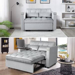 wirrytor 3 in 1 Multi-Functional Convertible Sleeper Sofa Bed, Modern Loveseat Sofa Couch Velvet Pull Out Bed with Reclining Adjustable Backrest &Hidden Table for Apartment Living Room Bedroom,Grey