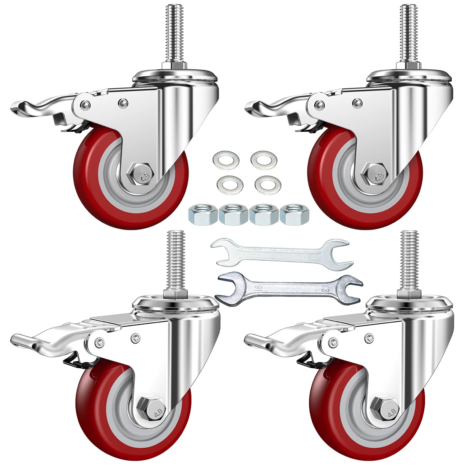 DICASAL 3 Inch Swivel Stem Casters Heavy Duty American Size UNC 1/2"-13x1-1/2"Stem Thread Wheels 360 Degree Durable Wheels Dual Safety Locks Castors with 990 Lbs Capacity Pack of Four