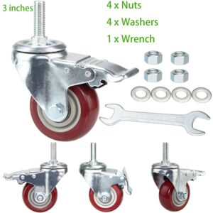 DICASAL 3 Inch Swivel Stem Casters Heavy Duty American Size UNC 1/2"-13x1-1/2"Stem Thread Wheels 360 Degree Durable Wheels Dual Safety Locks Castors with 990 Lbs Capacity Pack of Four