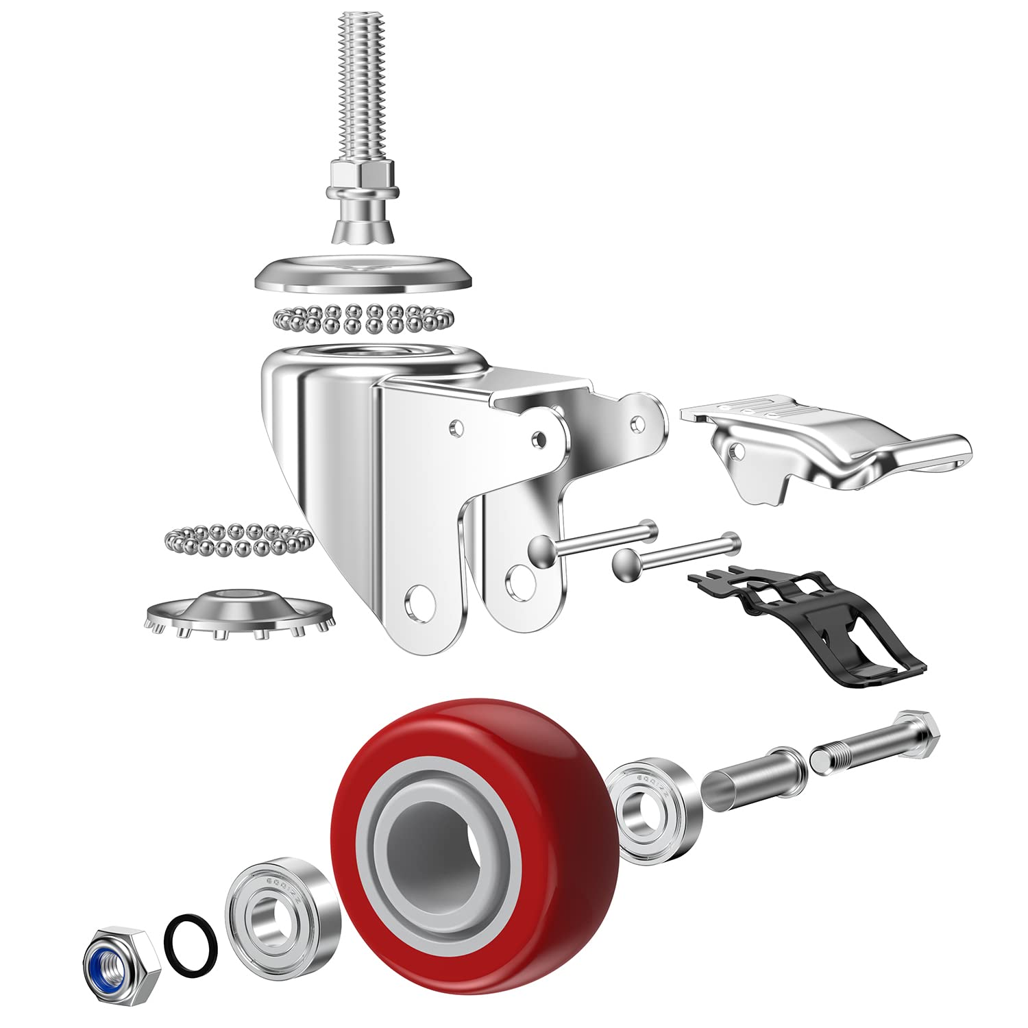 DICASAL 3 Inch Swivel Stem Casters Heavy Duty American Size UNC 1/2"-13x1-1/2"Stem Thread Wheels 360 Degree Durable Wheels Dual Safety Locks Castors with 990 Lbs Capacity Pack of Four