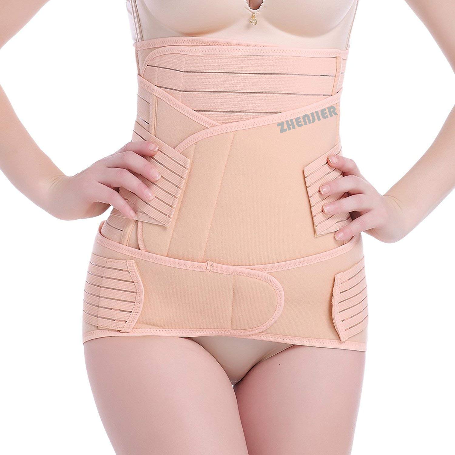 ZHENJIER 3 in 1 Postpartum Support - Recovery Belly/Waist/Pelvis Belt Shapewear (Fits Waistline 34"-41") Beige