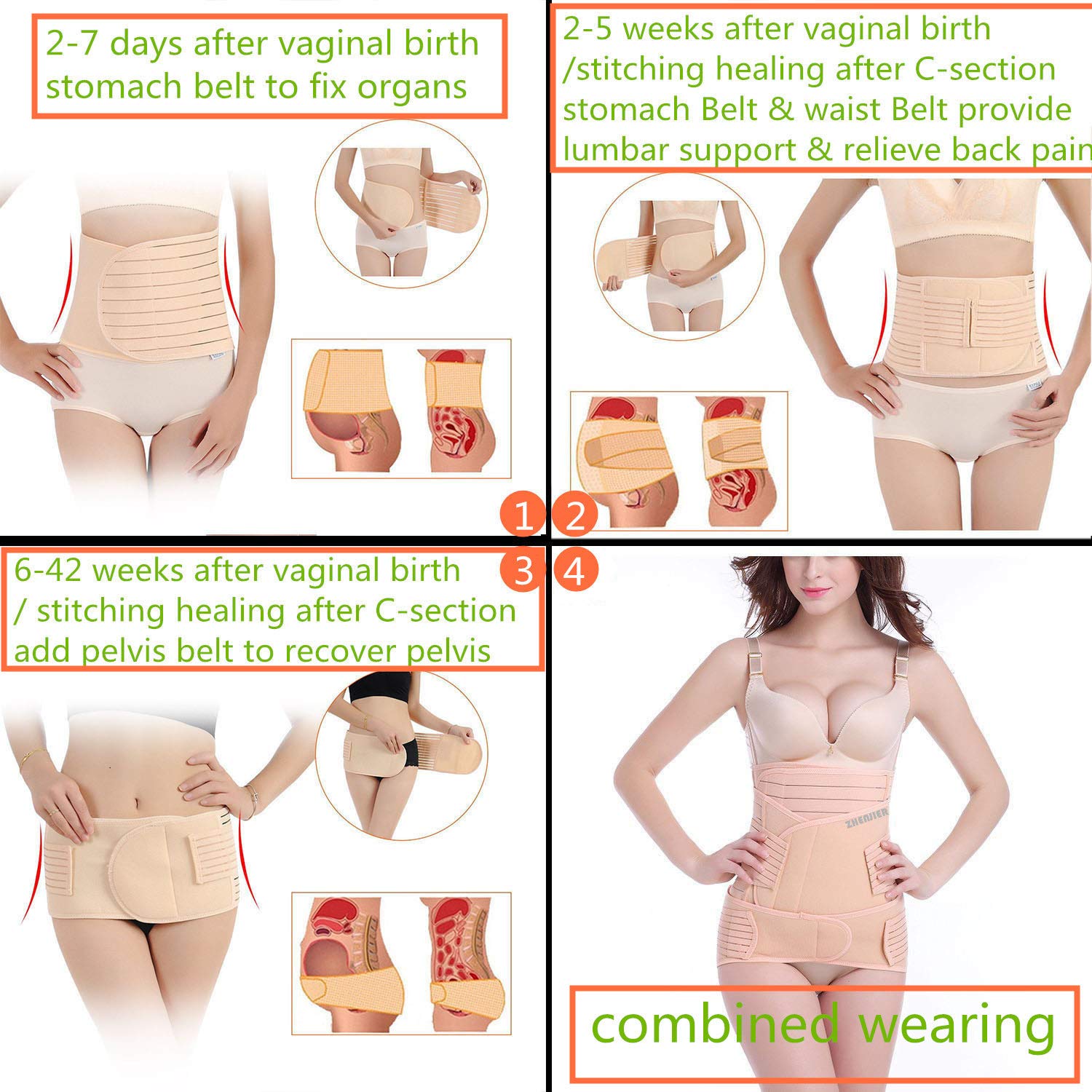 ZHENJIER 3 in 1 Postpartum Support - Recovery Belly/Waist/Pelvis Belt Shapewear (Fits Waistline 34"-41") Beige