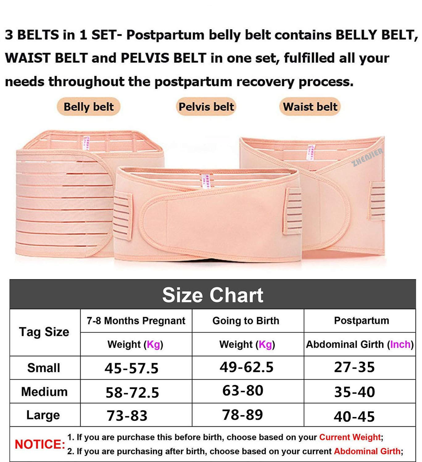 ZHENJIER 3 in 1 Postpartum Support - Recovery Belly/Waist/Pelvis Belt Shapewear (Fits Waistline 34"-41") Beige