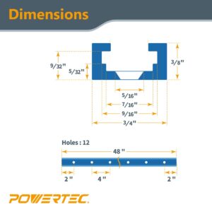 POWERTEC 71856 48"x4 Universal T track with 1 Pc 3" T track Flip Stop for Woodworking, Double-Cut Profile T track with Fence Flip Stop