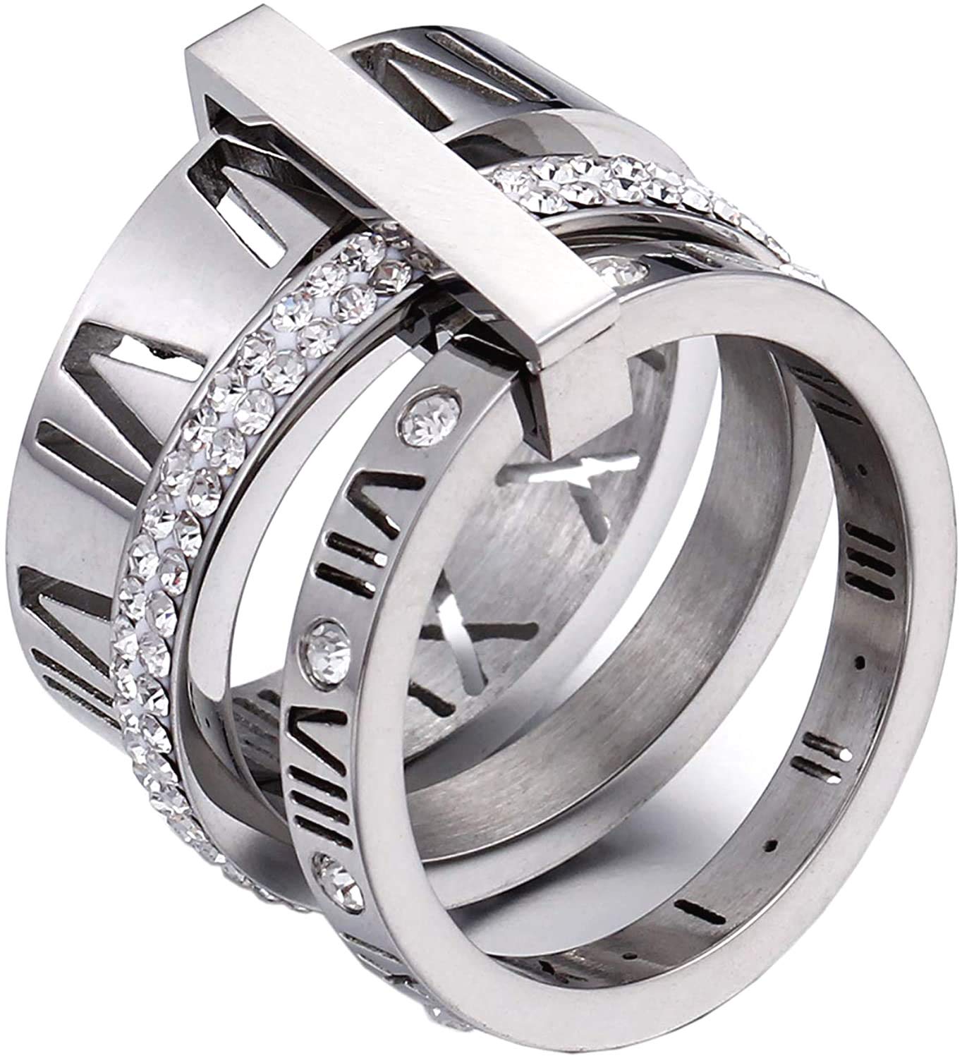 Jarlinwel Stainless Steel CZ Zirconia Roman Numeral Ring For Women Girls 3 in 1 Spinner Rings (Silver, 7 Runs small)