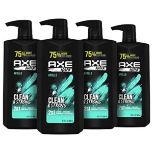 axe wash & care 2-in-1 shampoo & conditioner apollo wash & care 4 count for clean & strong hair sage & cedarwood 100% recycled bottle 28 oz