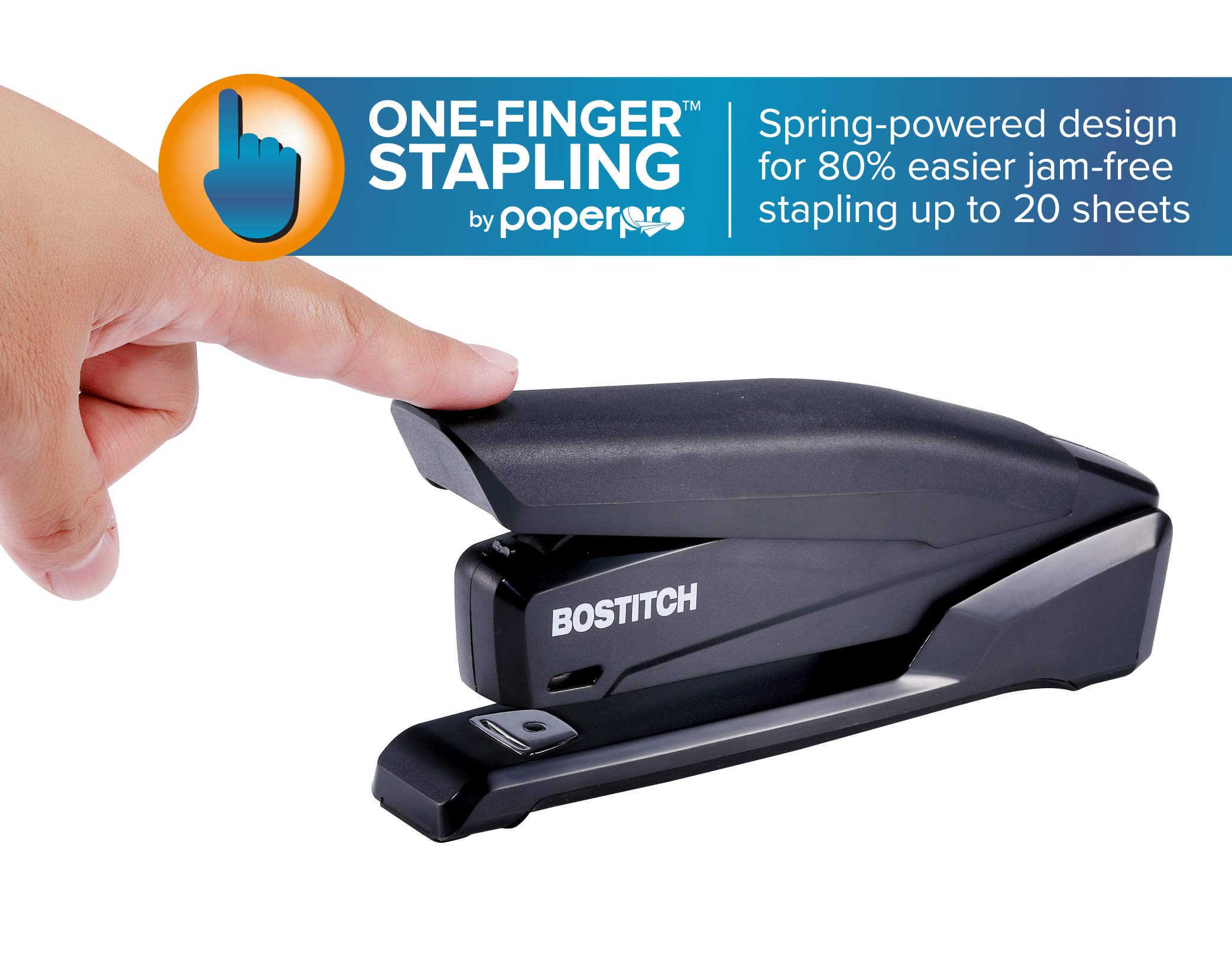 Bostitch Office Executive 3 in 1 Stapler, includes 210 Staples and Integrated Staple Remover, One Finger Stapling, No Effort, 20 Sheet Capacity, Spring Powered Stapler, Black (INP20-BLK)