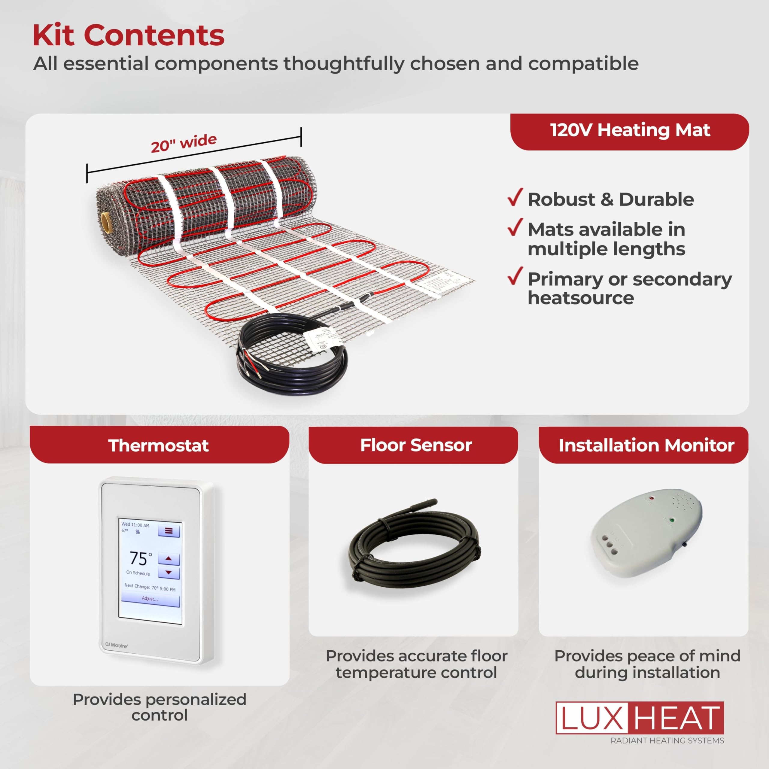 LuxHeat 30 Sqft Mat Kit, 120v Electric Radiant Floor Heating System for Under tile, Stone and Laminate. Kit Includes Alarm, Heated Floor Mat, OJ Microline Programmable Thermostat with GFCI & Sensor