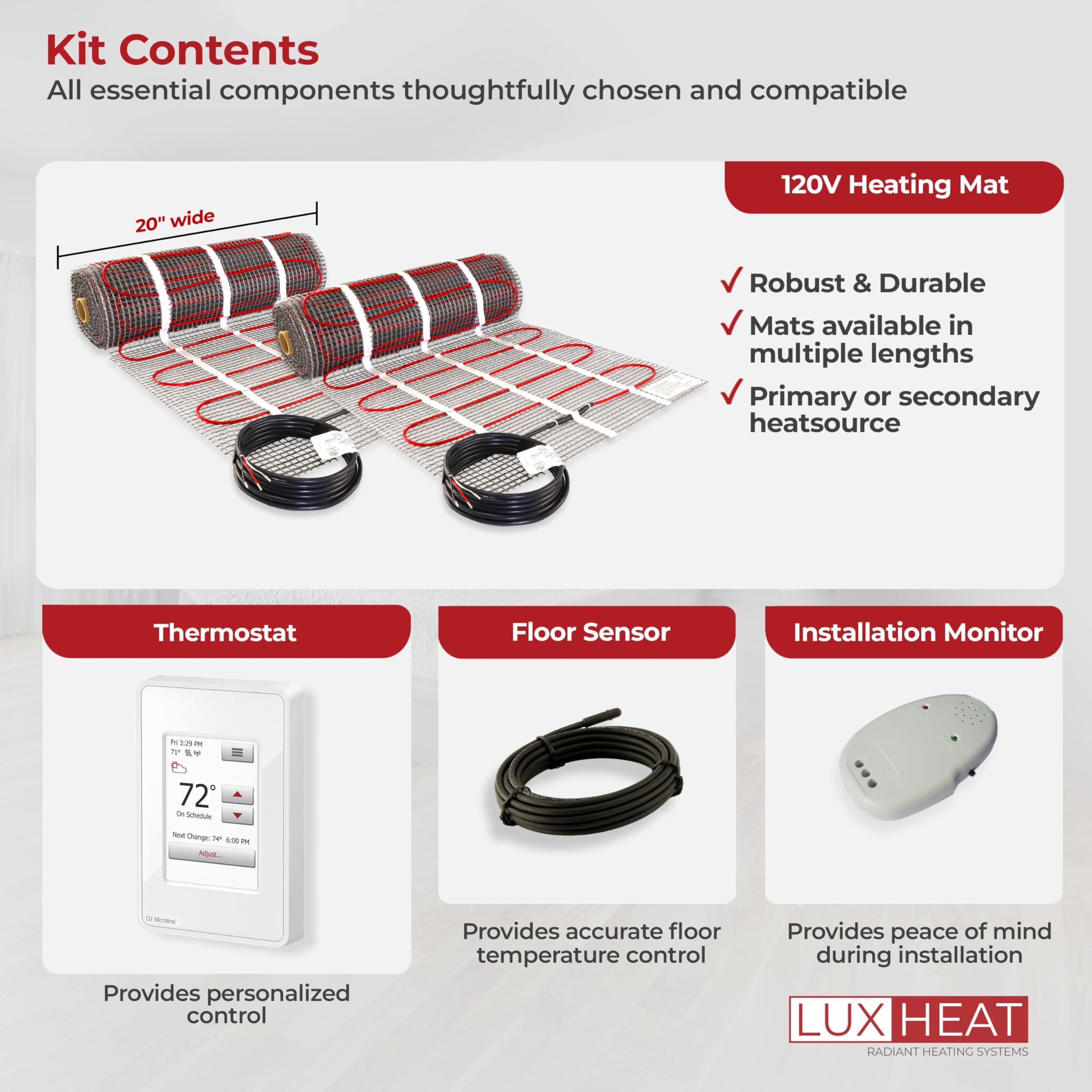 LuxHeat 150 Sqft Mat Kit (120v) Electric Radiant Floor heating System for Under Tile & Laminate. Underfloor Heating Kit Includes Heat Mat, Alarm & OJ Microline WiFi Programmable Thermostat with GFCI