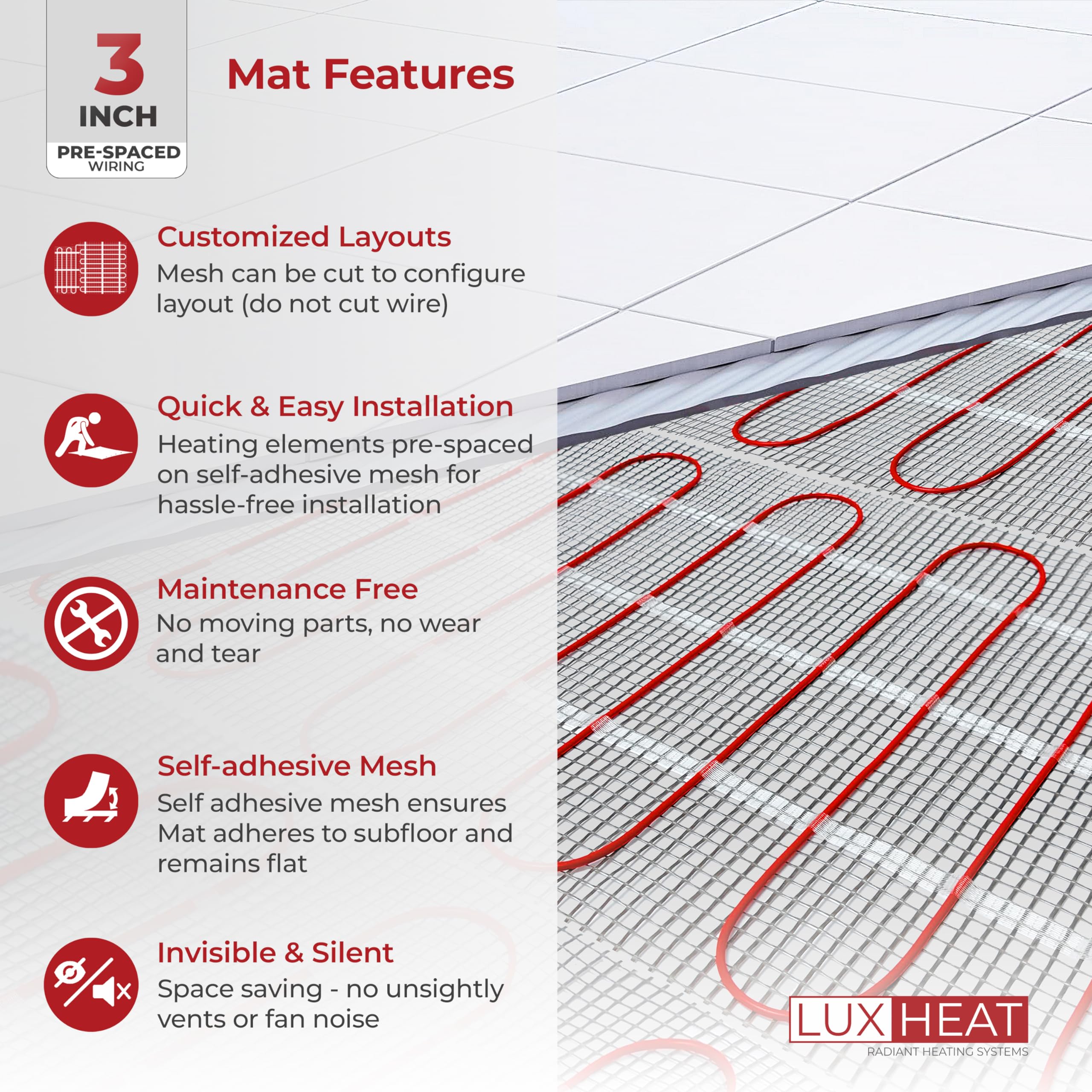 LuxHeat 150 Sqft Mat Kit (120v) Electric Radiant Floor heating System for Under Tile & Laminate. Underfloor Heating Kit Includes Heat Mat, Alarm & OJ Microline WiFi Programmable Thermostat with GFCI